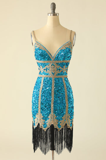 Lake Blue Sequin Short Party Dress with Fringes